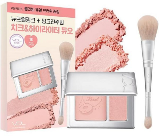 VDL브이디엘 치크스테인 블러셔＆하이라이터 18 피치 컵케이크 혈색 치크 모공 없 광채 피부 입체감 라벤더 국 화장품 브러시 포함 기획 세트, 18 복숭아 컵케이크(브러시 포함)