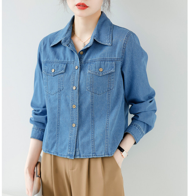 셀럽당 얇은 데님 셔츠 여 긴팔 쇼트 상의Q05412