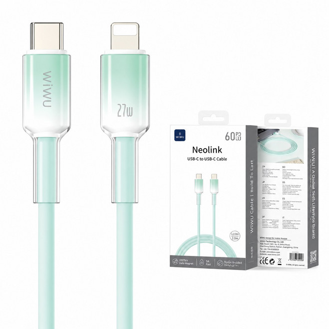 WIWU USB-C 轉 Lightning 充電傳輸線 27W 100公分 Neolink 系列, 淺綠色-100公分, 1個