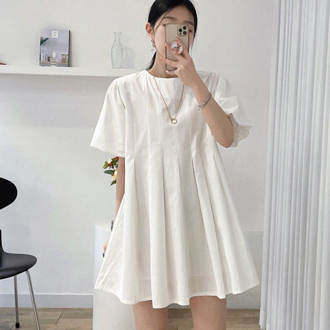 라라홀리 로맨틱 벌룬소매 루즈핏 핀턱 반팔 원피스