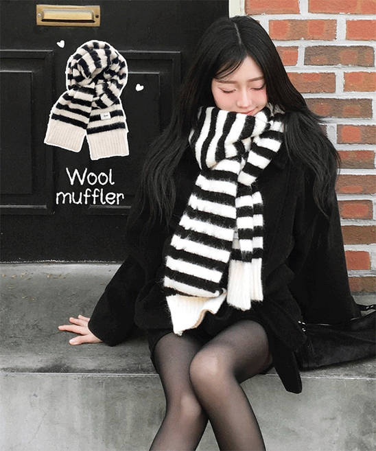 자스민벨 루니 알파카 울 앙고라 단가라 스트라이프 롱 머플러 목도리 데일리 캐주얼 커플템 코디템