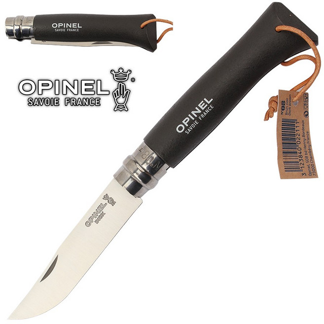 Opinel 오피넬 클래식 8 칼라코드 브라운 블랙 (가죽끈) 주방용 접이식 나이프, 1개