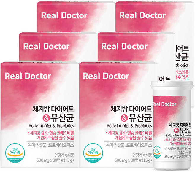 리얼닥터 체지방 다이어트유산균 유산균특허 17종함유 녹차추출물이 체지방 콜레스테롤 감소에 도움을 줌 과학적 연구자료기반, 6개, 30정