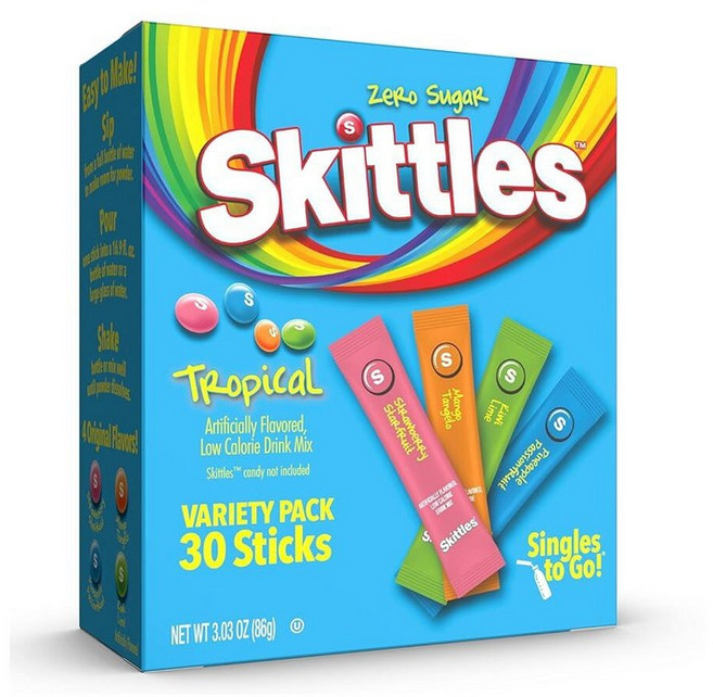 SINGLES TO GO! Skittles Singles To Go 트로피컬 맛 버라이어티 팩 파우더 드링크 믹스 딸기 스타프루트 망고 탄젤로 키위 라임 파인애플 패션, [01] 30개(1팩), 1개