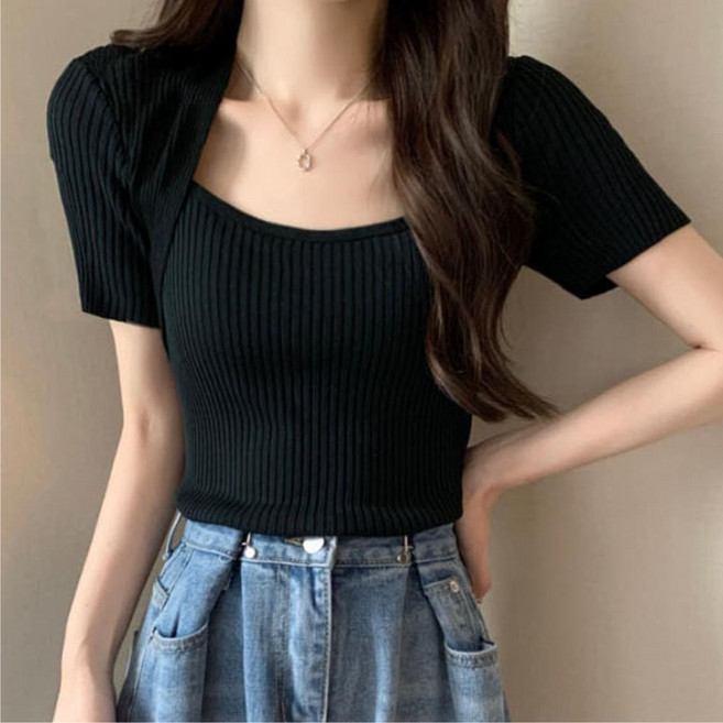 러블리 스퀘어넥 슬림핏 골지 티셔츠 반팔티 여름 레이어드 20대 30대 여자