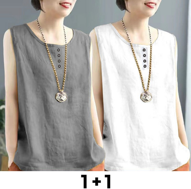 Neirny 1+1 중년 여성 빅사이즈 나시 티셔츠 여름용 엄마룩 스판 냉장고 라운드 민소매 이너 데일리 심플 루즈핏 쿨링 상의 2매입