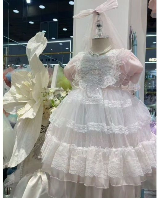 女童重工水鑽亮片網紗禮服 兒童法式多層蛋糕裙洋裝