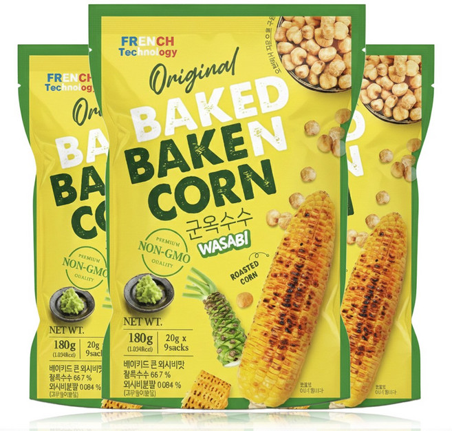 와사비맛 구운 옥수수 과자 찰옥수수 베이키드콘 프로틴 10g함유 껍질제거 낱개포장, 3개, 180g