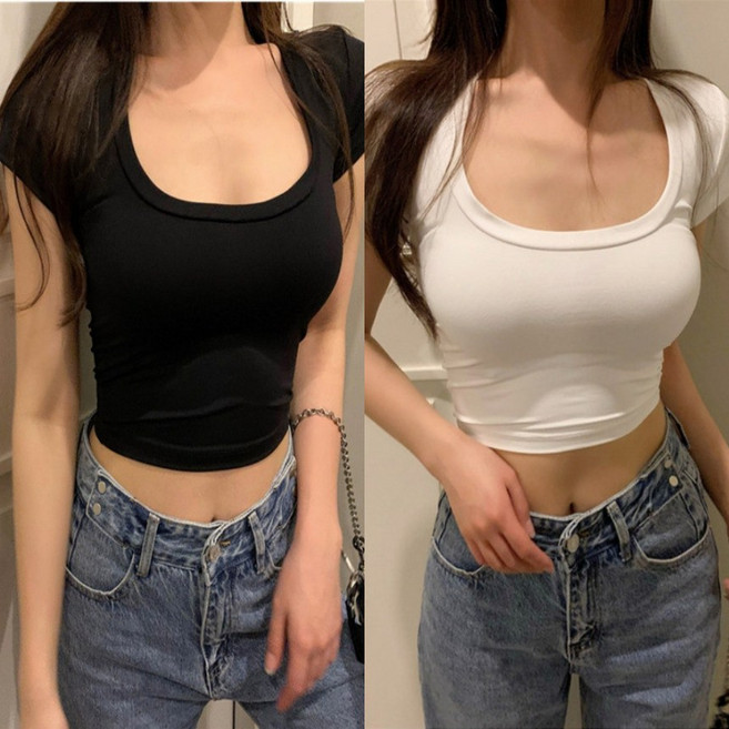 1+1여성 크롭 섹시 U넥 스퀘어넥 밑단 라운드 반팔 티셔츠