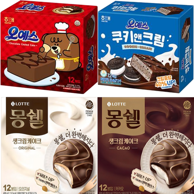 과자모음 해태 크라운 롯데 오리온 대용량곽과자 4개묶음 (해태오예스360g + 해태오예스쿠키앤크림360g + 몽쉘카카오생크림케이크(대)384g + 몽쉘오리지널생크림(대)384g), 과자4종, 1세트
