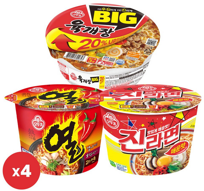 오뚜기 육개장 컵 104g 4개+진매 용기 110g 4개+열라면 용기 105g 4개, 12개