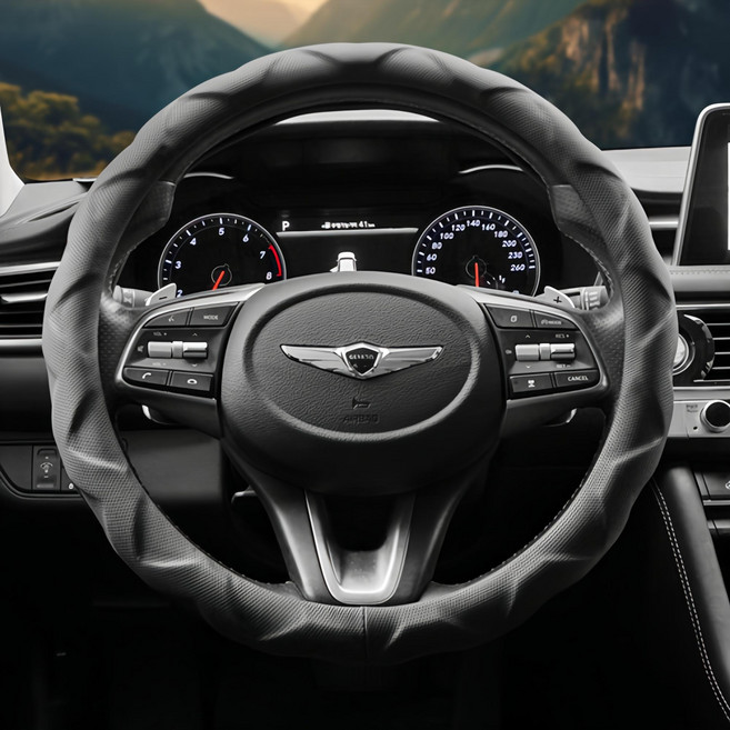 엑스핏 가죽 순정형 타공 다이아몬드 그립 차량용 핸들커버, 모던블랙