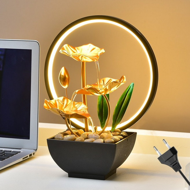 Mochae 실내 미니 분수대 인테리어 가정용분수 미니분수대 풍수 인테리어소품 실내 연잎 가정 펌프 가습기 거실 장식품 선물, 금색