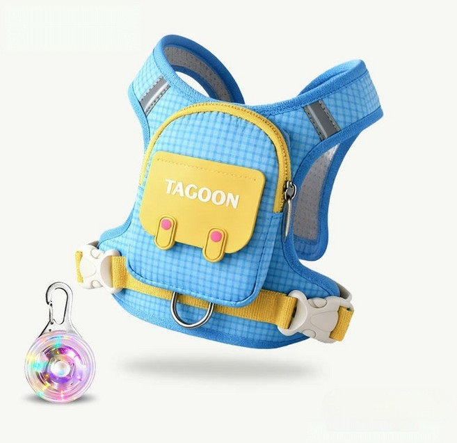 강아지 리드줄 고양이 목걸이 조끼 가슴줄 강아지하네스 반려견 외출용품세트, 1개, 블루 LED 세트