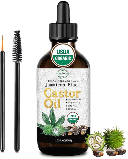 MMPANG 자메이카 블랙 캐스터 오일 – USDA 유기농 헤어 오일 냉압착 두피 및 모발 성장 치료용 천연 속눈썹 및 눈썹용 120ml(4온스) 유리병, 2 Fl Oz (Pack of 1)