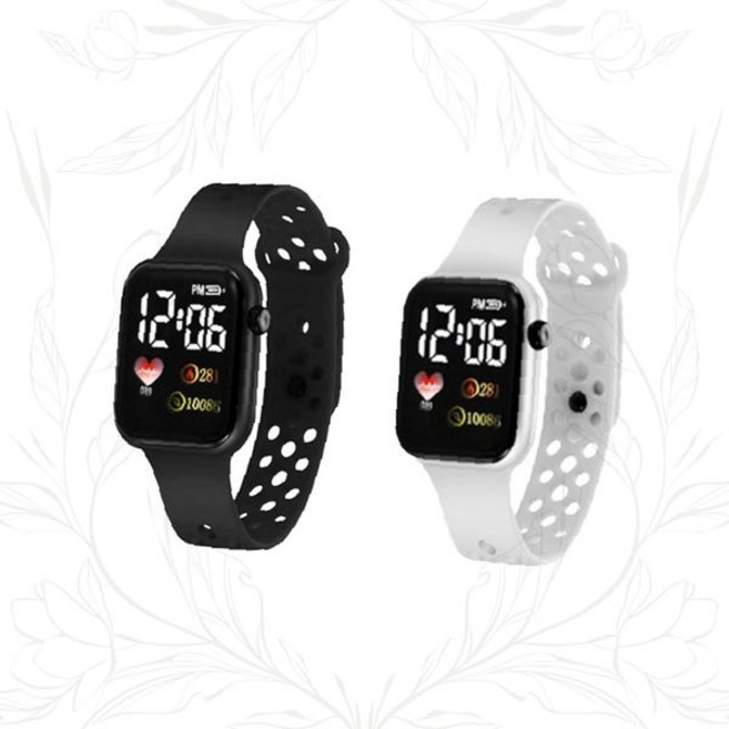 실리콘 스포츠밴드 심박수측정 디지털시계 운동용 헬스케어 방수 터치스크린 피트니스트래커, 화이트