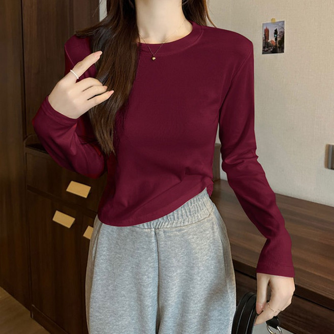 빠뻐을뻔 여성 정어깨 긴팔티 라운드넥 깔끔 슬림 크롭 티셔츠