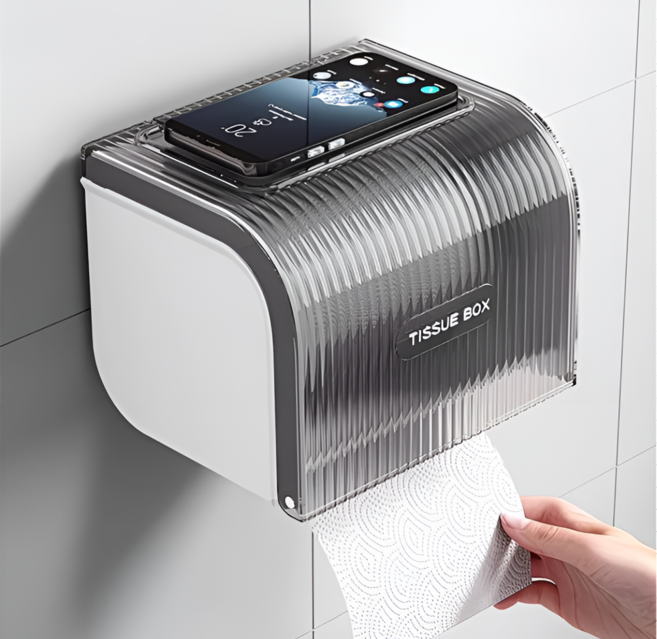 대형 무타공 완전 방수 화장실 휴지걸이 겸용 욕실 휴지케이스, 아쿠아 그레이, 1개