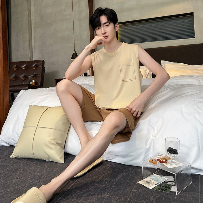 DFMEI 男士睡衣夏季薄款冰絲涼爽背心短褲寬鬆休閒大碼家居服套裝