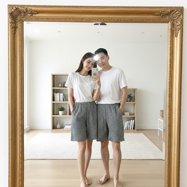 남녀공용 블랙 체크 패턴 5부 반바지