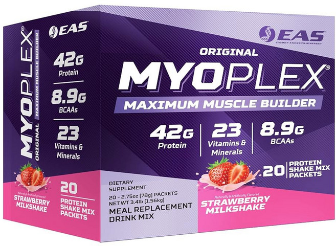 EAS 마이오플렉스 맥시멈 머슬 식사 대용 단백질 믹스 | 양질의 블렌드 42g, Strawberry Milkshake, 20 Count (64 Ounce, Pack of 1), 78g, 1