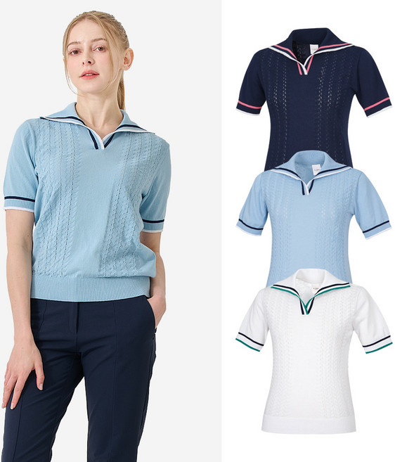 빌트모아 여성 골프웨어 지그재그 케이블 카라 풀오버 티셔츠