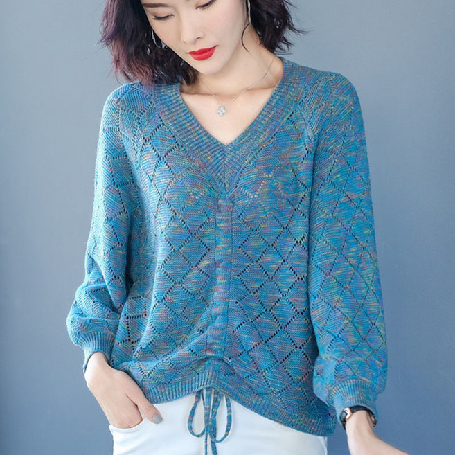 캐주얼 여성 브이넥 티셔츠 봄 중년 여성 숏 얇은 니트 긴팔티 빅사이즈 루즈핏 여자 긴팔 티셔츠 CJJ