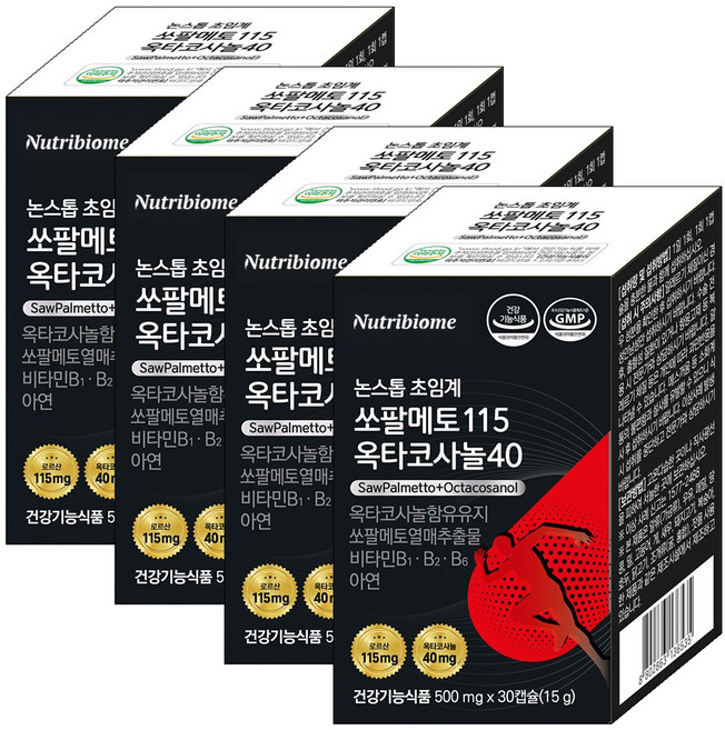 뉴트리바이옴 논스톱 초임계 쏘팔메토115mg 옥타코사놀 40mg 남성영양제 지구력 쏘팔 소팔 전립선 코사놀 영양제 로르산함유 남성활력 식약처인증, 4개, 30정