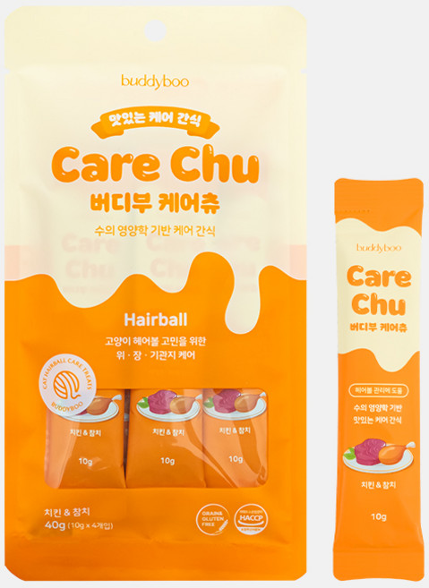 버디부 케어츄 헤어볼 - 고양이스틱간식 츄르 참치 닭 헤어볼배출 케어샷 장건강, 1세트, 헤어볼+장건강, 4회분