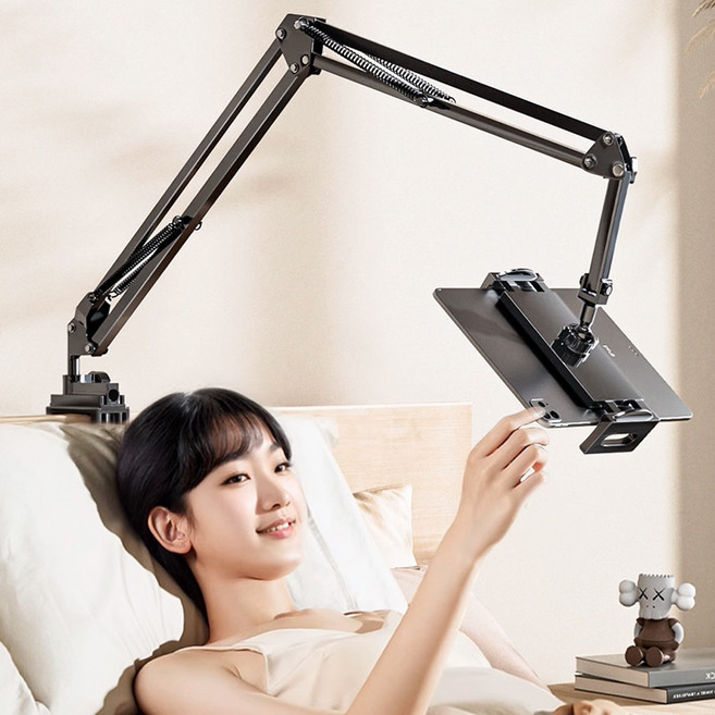 뷰씨 침대 태블릿 핸드폰 아이패드 흔들림 없는 고정형 자바라 거치대, 블랙, 1개