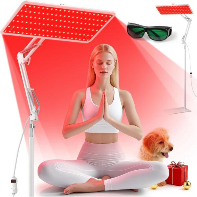 모르폰 레드 라이트 테라피 (바디/페이스용) - 3중 파장(660nm 850nm 940nm) LED 적외선 램프 패널 (조절 가능한 스탠드 보호 안경 포함) 가정용 여, White, M