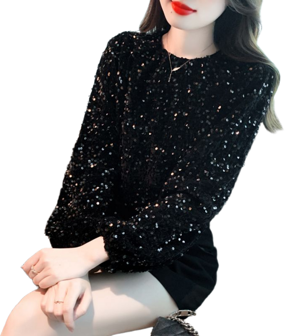 여성용 스팽글 긴팔 티 댄스복 상의
