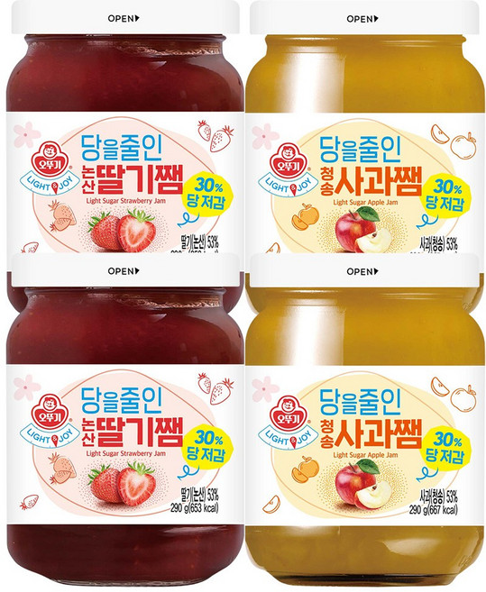 오뚜기 Light&Joy 당을 줄인 논산딸기쨈 290g 2개+청송사과쨈 290g 2개, 4개