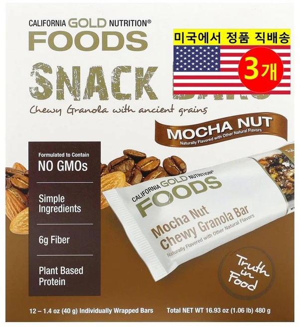 California Gold Nutrition 운동 전 후 모카넛 츄이 그래놀라 프로틴 바 12개입 480g 1개, 3개 - 쿠팡