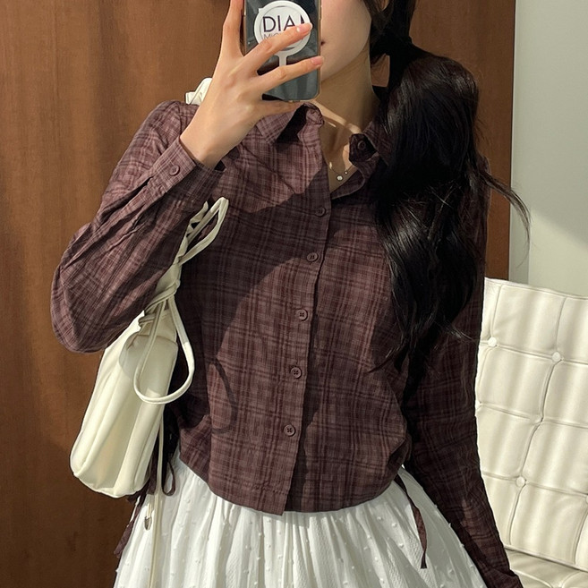 [디아미뇽] 폴센트 체크 셔링 스트링 크롭 남방 셔츠
