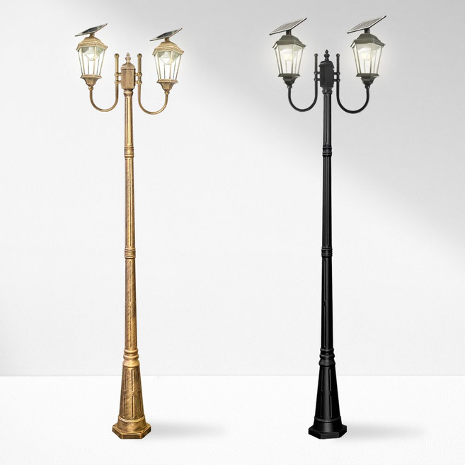 나눔조명 태양광 가로등 엔틱 태양열 조명 LED 정원등, 2구 투명 육각등, 2.3m, 검정색(노란빛)