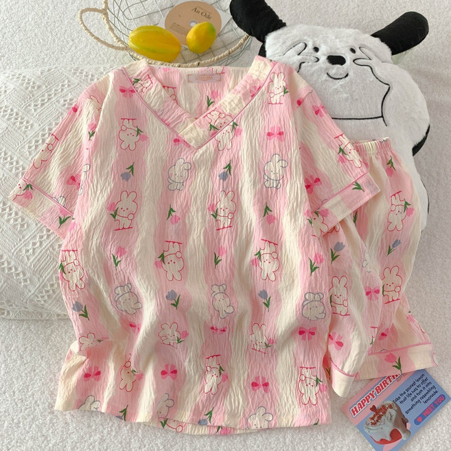 卡通雲朵圖案 兩件式 睡衣套裝 女 夏季 居家服