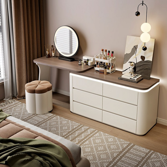 수납형 LED 입식 화장대 확장 가능 서랍형 화장대, G02+6서랍장+원형 거울+꽃잎 스툴