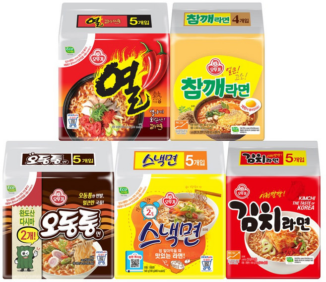 오뚜기라면 5종세트(각 멀티 1봉지) [열라면/오동통면/스낵면/김치/참깨라면], 1세트
