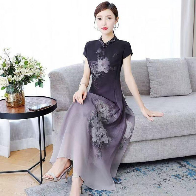 新中式改良旗袍連衣裙, 新中式國風旗袍連衣裙紫蘭色,3XL, 紫蘭色