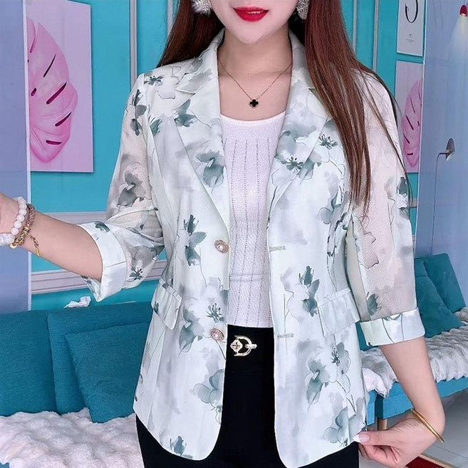FANSYLI 중년엄마 빅사이즈 프린팅 정장 코트 여름 여성 루즈핏 칠부소매 정장 자켓 패션 캐쥬얼 오피스 얇은 정장 상의 L-6XL WY2604A07