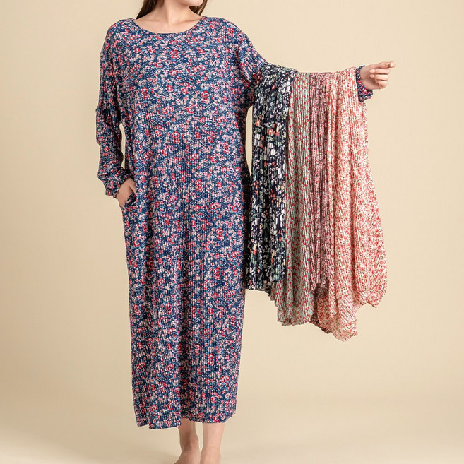 코튼원 여성용 긴팔 플리츠 포켓 롱원피스 빅사이즈 오버핏