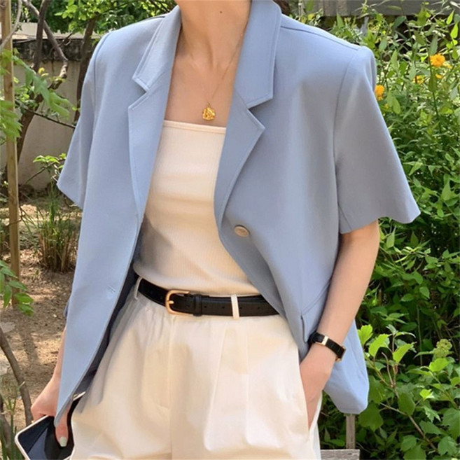 TIRA 여성 반팔 자켓 여름 오버핏 블레이저 기본 베이직 데일리 자켓 심플 오피스 아우터