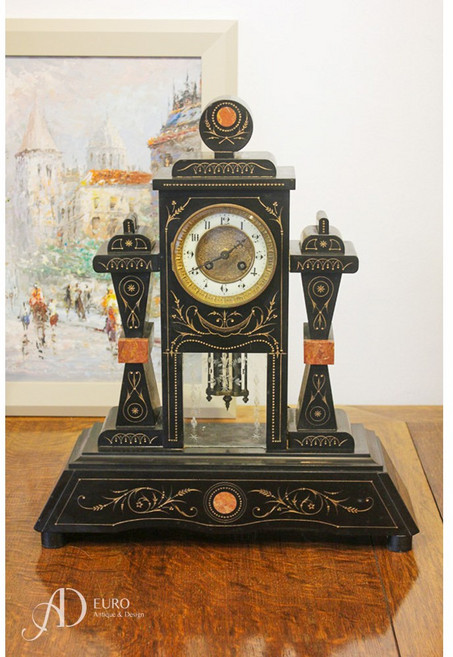 프랑스 앤틱 마블 오르몰루 탁상시계 (대리석 인레이 기계식 수동시계), -