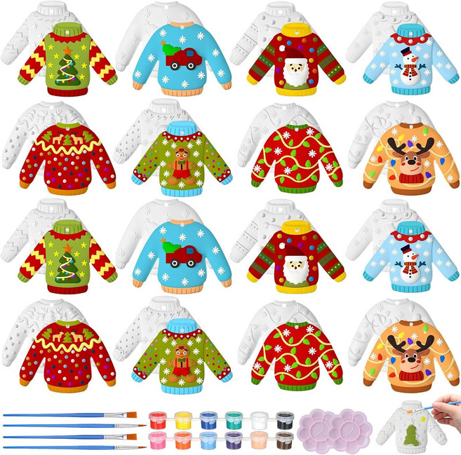 크리스마스 장식 공예품을 칠하는 Syhood 24개 세라믹으로 나만의 키트 DIY 세라믹 산타 스노우맨 진저브레드 남성 공예품 선물, Ugly Sweater