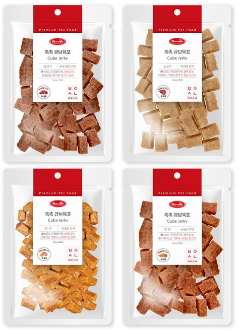 [4개 SET] 바우와우 국내산 촉촉큐브육포 300g 말고기/치킨/연어/소고기 생육간식 고단백 강아지육포, 4개, 말고기