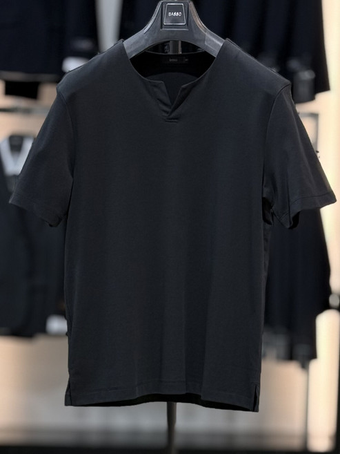 바쏘옴므 블랙 슬릿넥 베이직 면 반팔 티셔츠 BSZ2KR09A BK