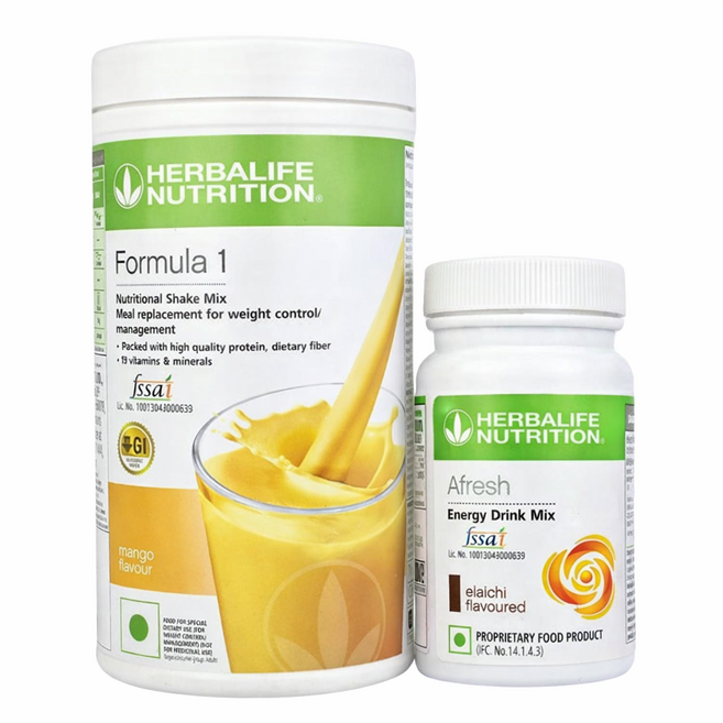 허벌라이프 체중 감량 파워 콤보: 포뮬라 1 뉴트리셔널 쉐이크 믹스 500g & 어프레시 허벌 에너지 드링크 믹스 100g 완벽한 식사 대용식 및 일일 에너지 지원, 1개, 2개입