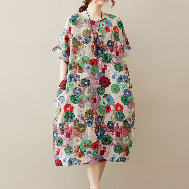 WPUY 중년 여성 문예 오버핏 빅사이즈 꽃무늬 플라워 원피스 엄마옷 프린팅 라운드넥 할머니옷 풍기인견원피스 나염 롱 반팔 홈웨어 린넨원피스 여름 휴양지룩