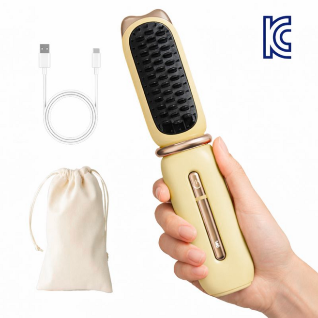 케이엠 휴대용 퀵히트 4단계온도조절 귀여운 고양이 귀모양 미니 무선 빗고데기, 크림베이지